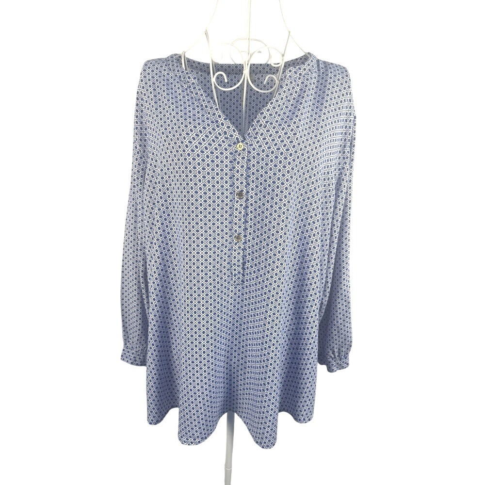 Grand & Greene Blouse Women's 1X Blue Geometric Print Long Sleeve V-Neck